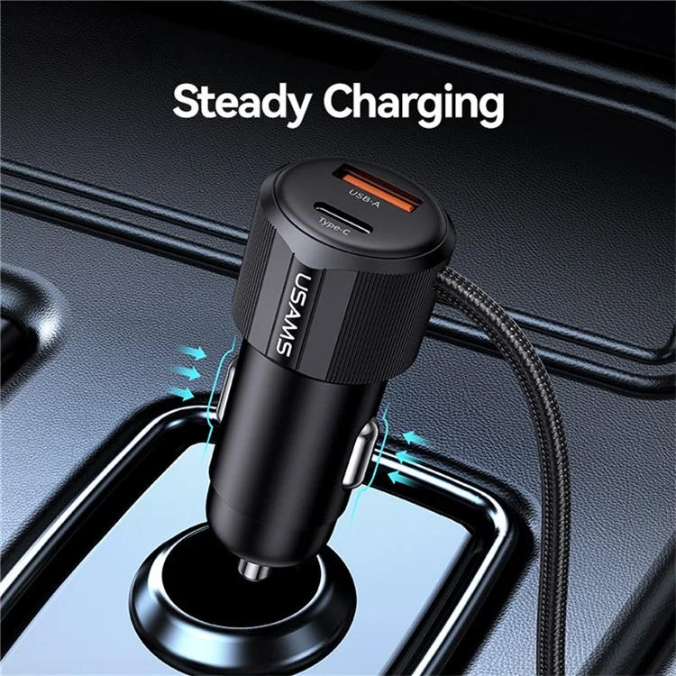 USAMS φορτιστής αυτοκινήτου CC287 με 2 σε 1 καλώδιο, USB/USB-C θύρες, 66W, μαύρος