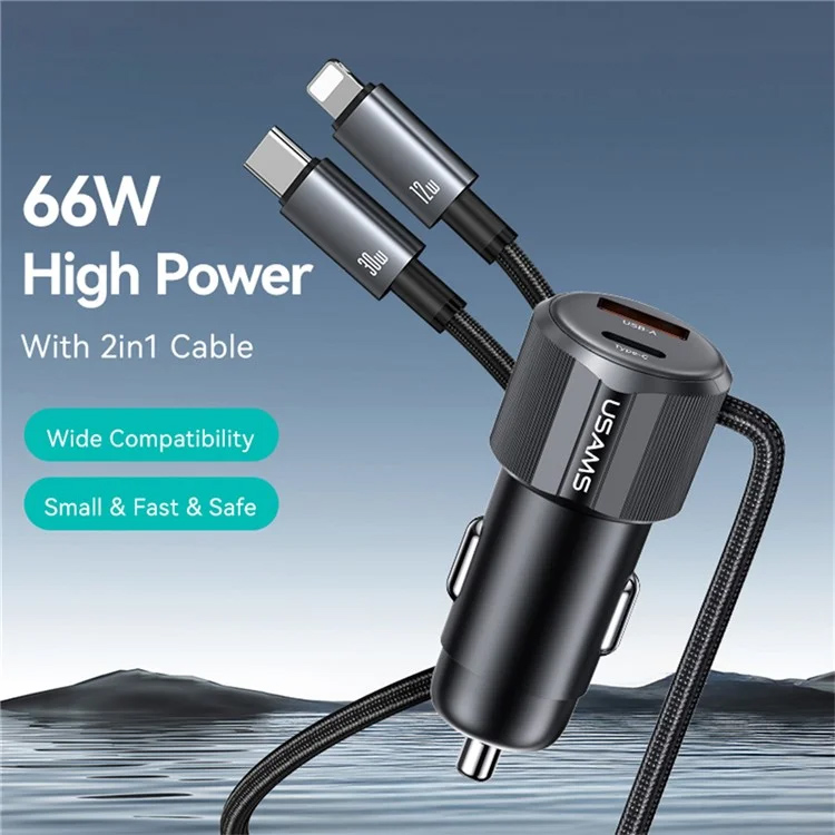 USAMS φορτιστής αυτοκινήτου CC287 με 2 σε 1 καλώδιο, USB/USB-C θύρες, 66W, μαύρος