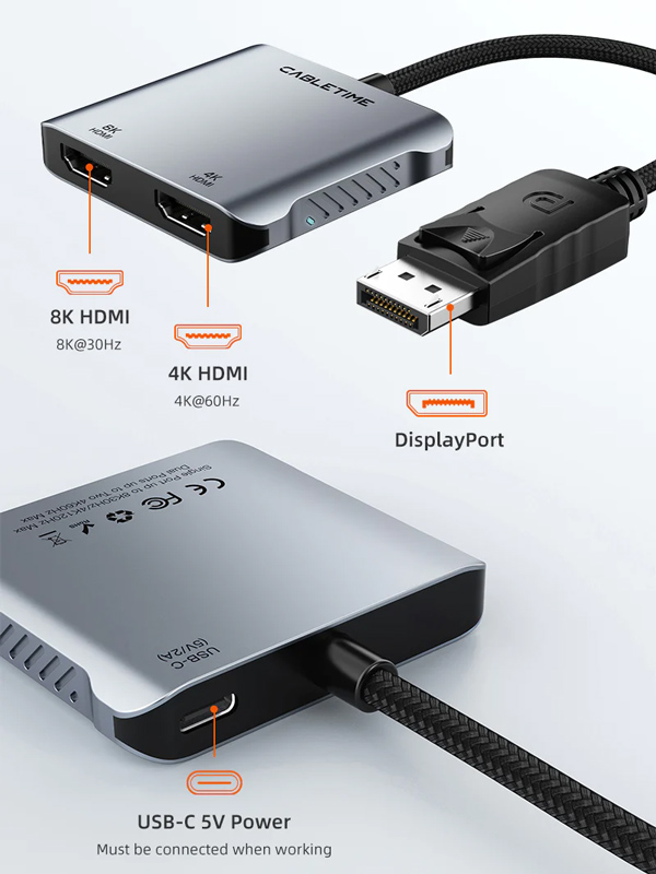 CABLETIME αντάπτορας DisplayPort σε 2x HDMI CT-DM2H8K-AG, 8K/30Hz, γκρι