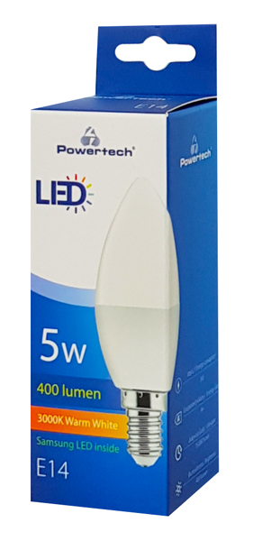 POWERTECH LED Λάμπα Candle E14-004 5W, 3000K, E14, Samsung LED, IC