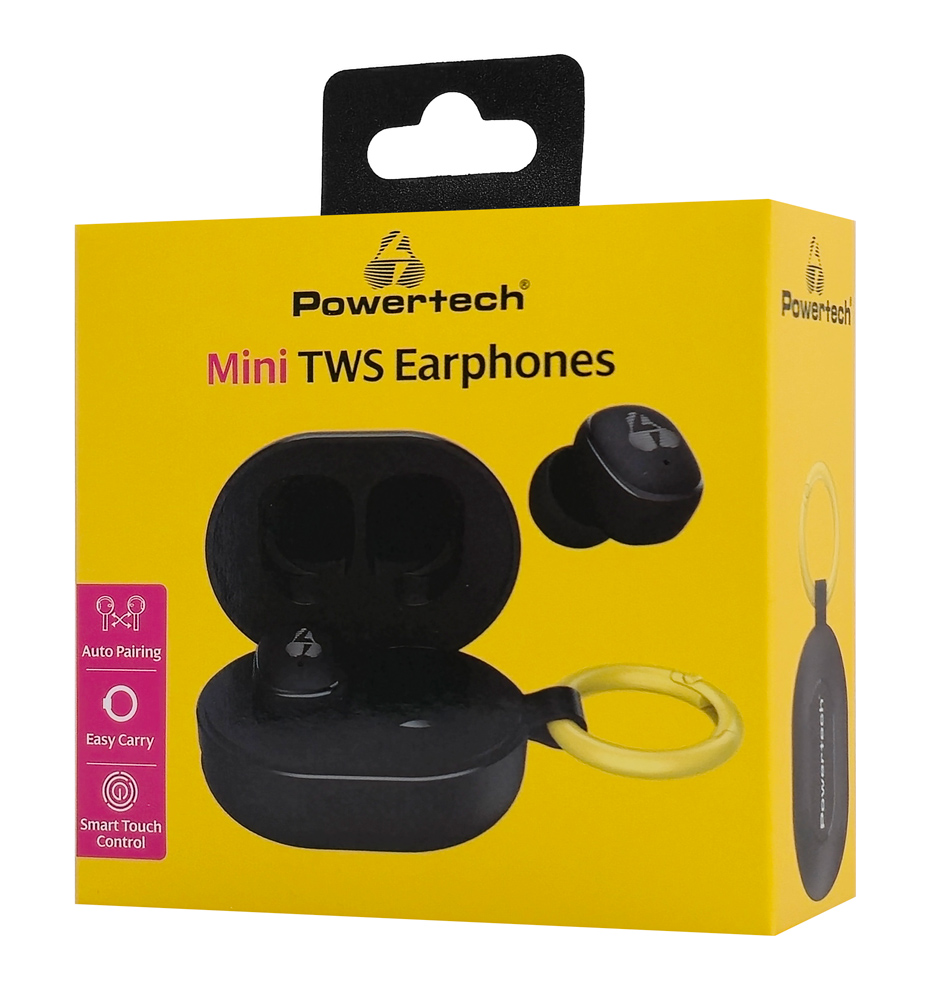 POWERTECH earphones με θήκη φόρτισης PT-1392, True Wireless, 6mm, 25/230mAh, μαύρα