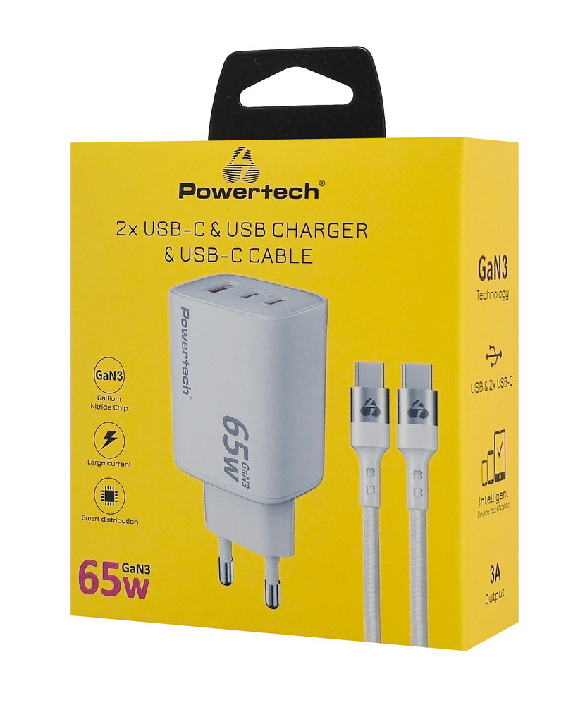 POWERTECH φορτιστής τοίχου PT-1415 με καλώδιο, USB/2x USB-C, 65W, GaN, λευκός