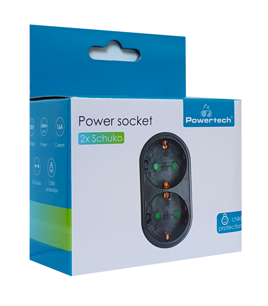 POWERTECH αντάπτορας ρεύματος PT-821, 2x schuko, 250V 16A, μαύρος