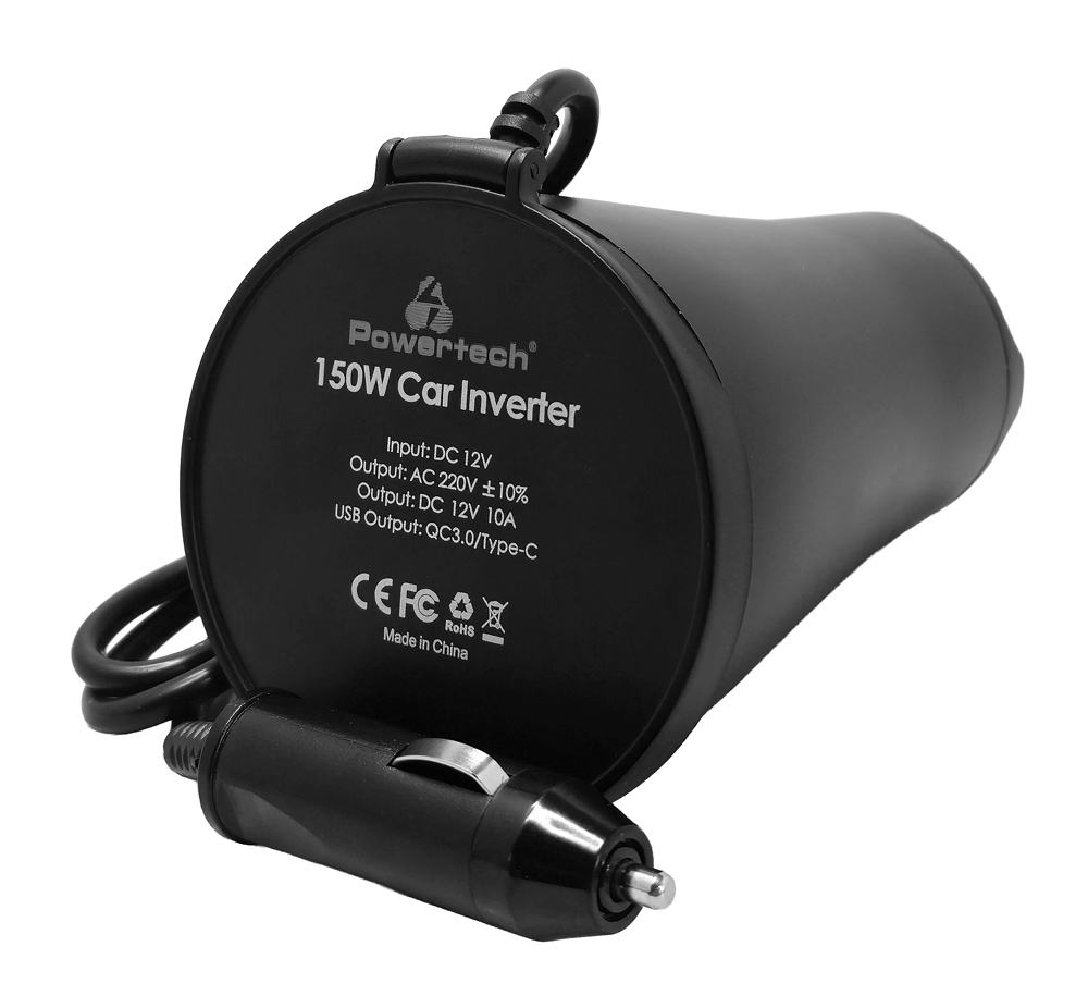 POWERTECH inverter αυτοκινήτου PTL-022, 150W, 12V DC σε 220V AC, με USB/USB-C