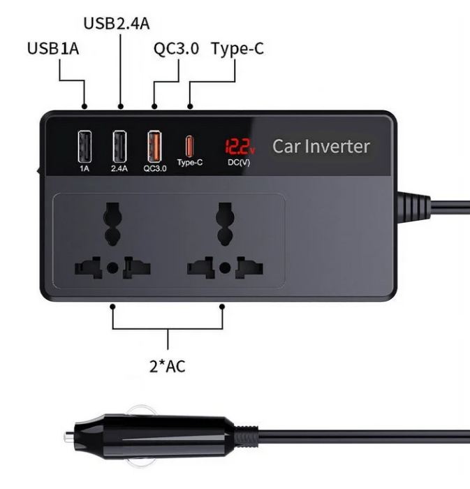 POWERTECH inverter αυτοκινήτου PTL-023, 200W, 12V DC σε 220V AC, με USB-C/3x USB
