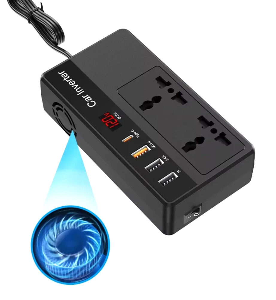 POWERTECH inverter αυτοκινήτου PTL-023, 200W, 12V DC σε 220V AC, με USB-C/3x USB