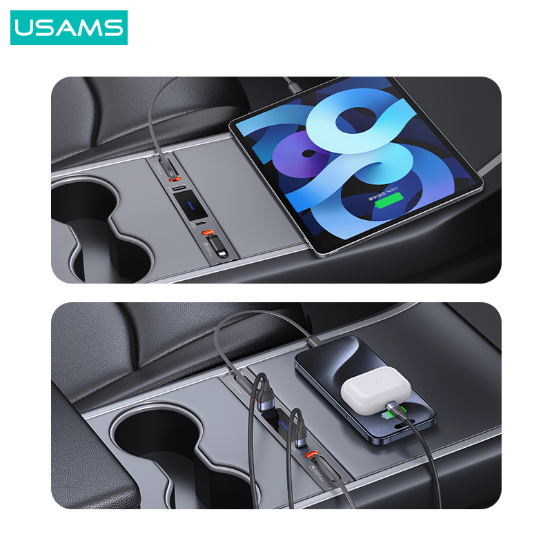 USAMS φορτιστής αυτοκινήτου US-SJ649 για Tesla(3/Y), με 2x καλώδια, USB/USB-C θύρες, 60W, γκρι
