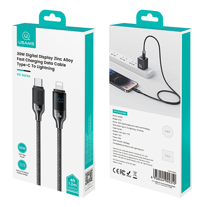 USAMS καλώδιο Lightning σε USB-C SJ741, 30W, 480Mbps, 1.2m, μαύρο
