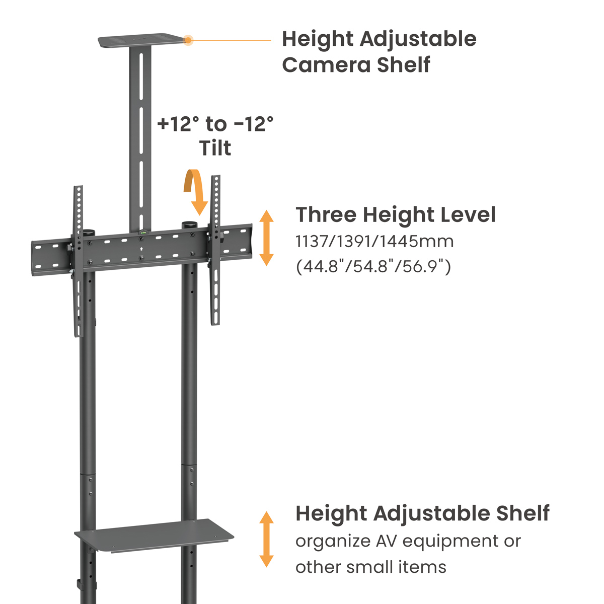 BRATECK βάση τηλεόρασης δαπέδου T1042T, 37-70″, έως 45kg, με ράφια & ροδάκια