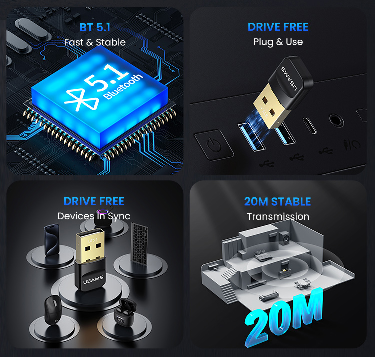 USAMS USB αντάπτορας Bluetooth 5.1 ZB321, μαύρος