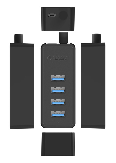 ORICO USB hub W5P-U3, 4x θυρών, USB 3.0, 5Gbps, USB σύνδεση, 1m καλώδιο, μαύρο