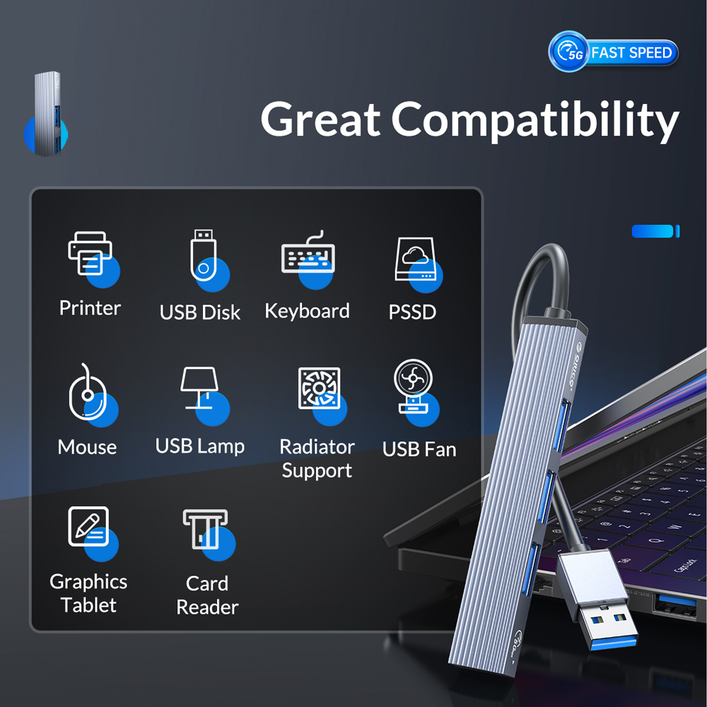 ORICO USB hub AH-A13, 4x θυρών, USB 3.0, 5Gbps, USB σύνδεση, γκρι