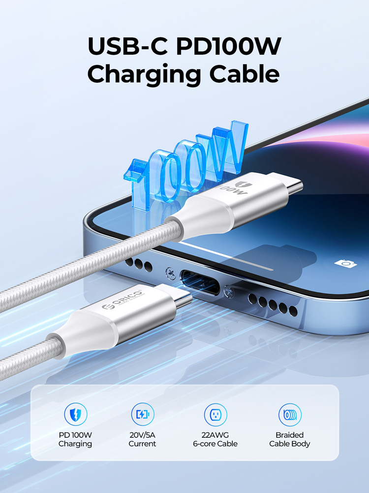 ORICO καλώδιο USB-C CDX-100CC, 100W, 480Mbps, 1m, λευκό